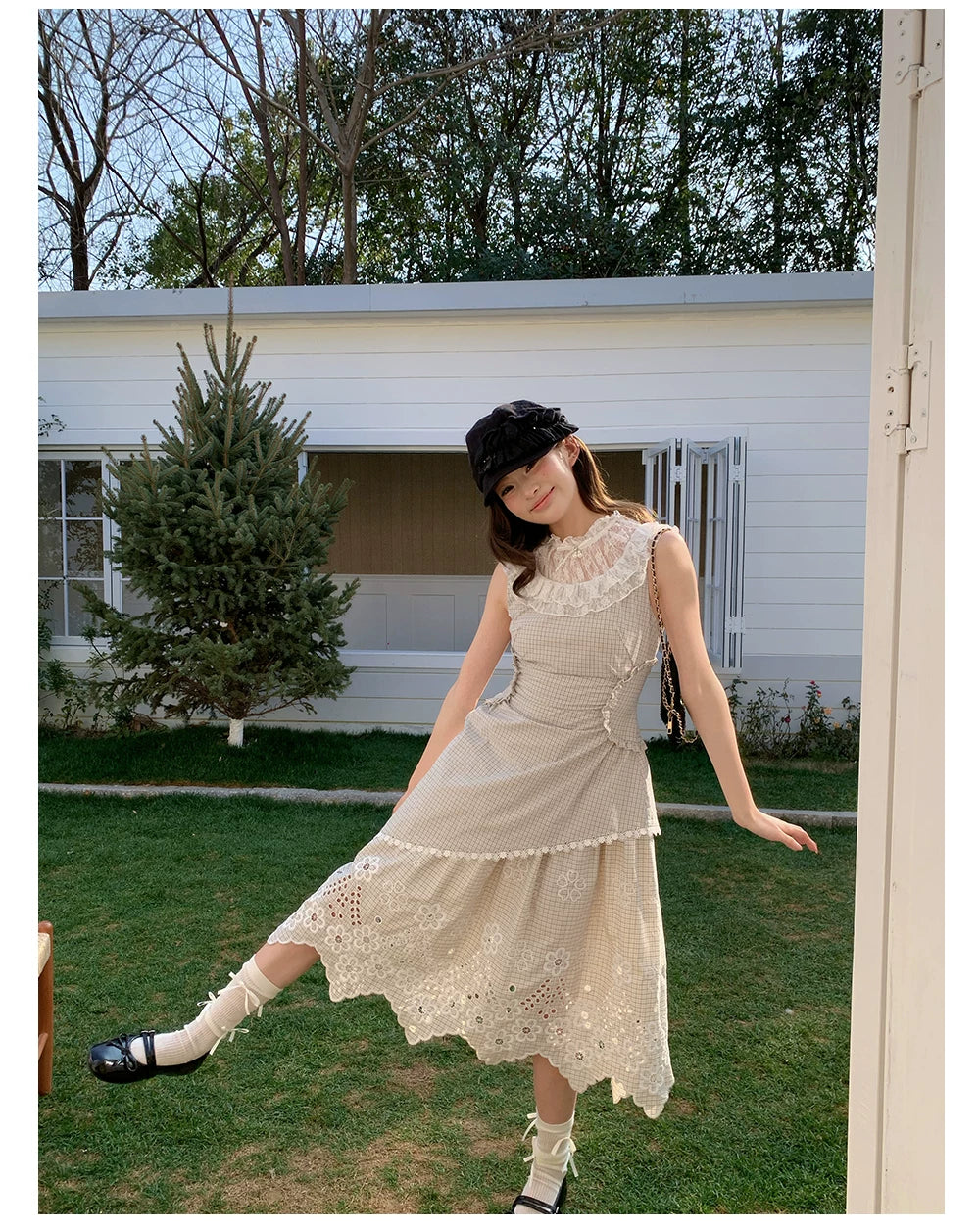 “Tea Garden Reverie” Light Apricot Plaid Embroidered Dress