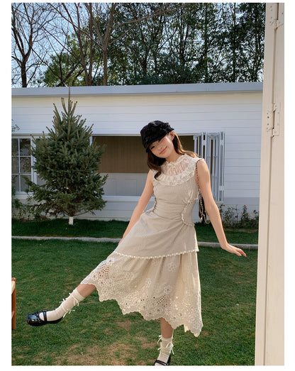 “Tea Garden Reverie” Light Apricot Plaid Embroidered Dress