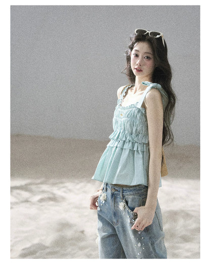 "Gentle Whisper" Glacier Blue Ruffle Peplum Cotton Top