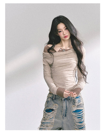 少也眼 "Seoul Toccata" Layered Off-Shoulder Long Sleeve Tee - Khaki 2536486
