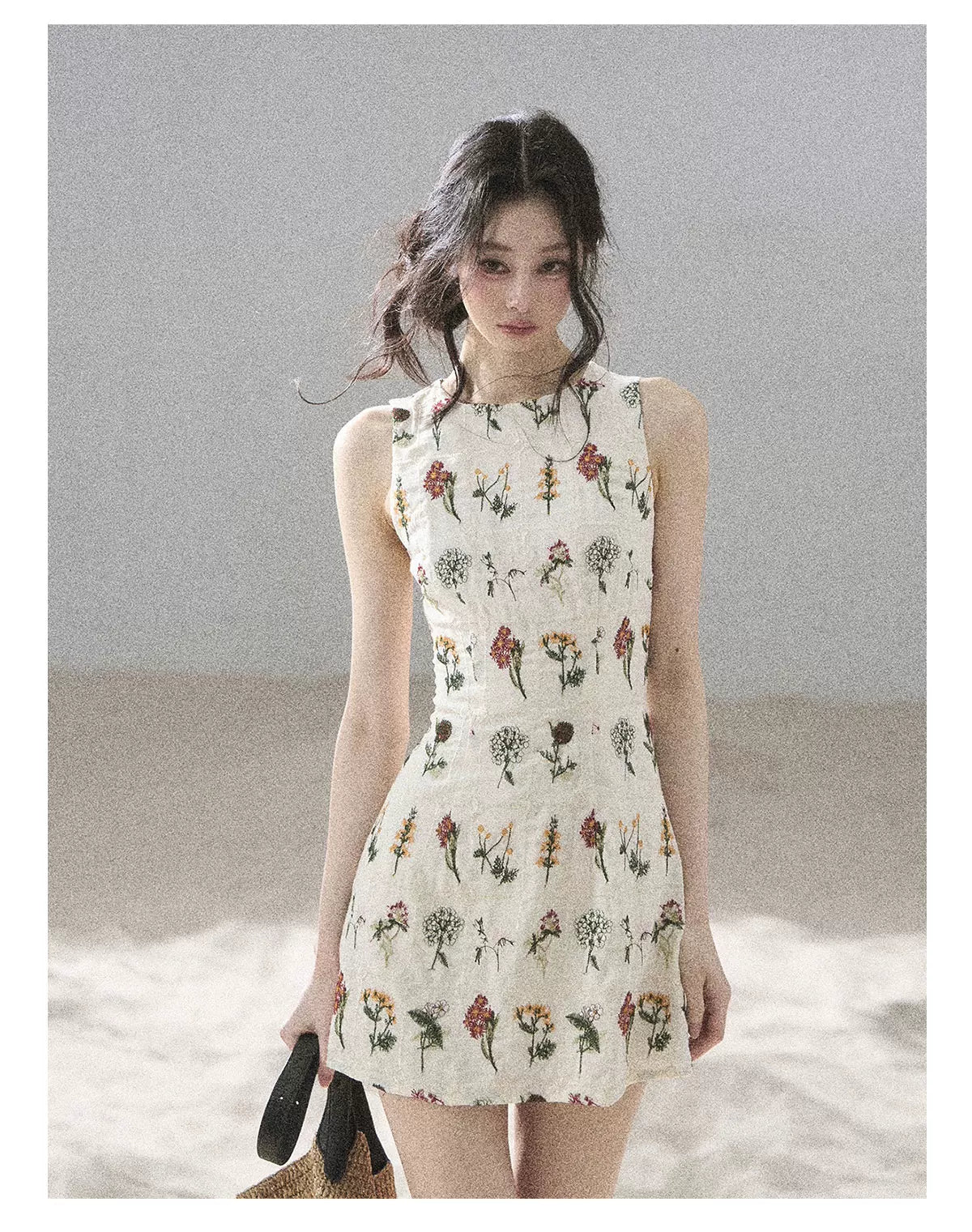 "Wildflower Daydream" Dutch Cream Embroidered Mini Dress - Sleeveless 45684