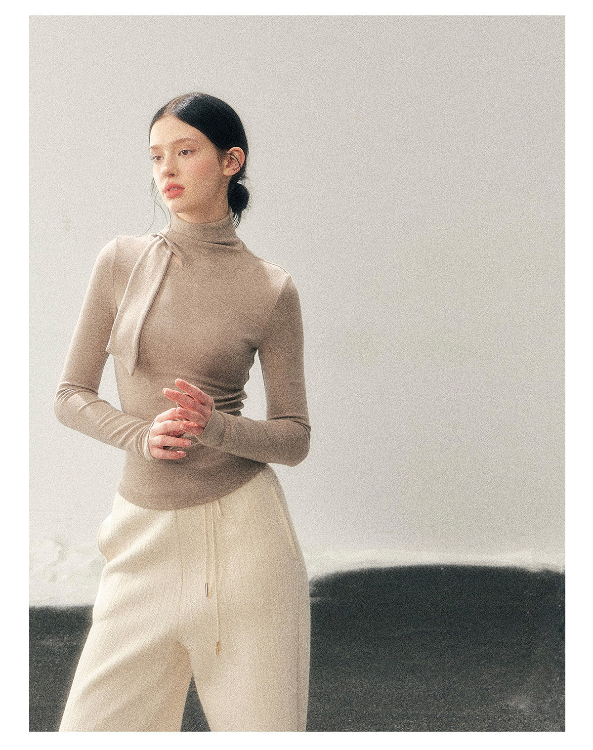181225 “Pure Tone Essential” Semi-High Neck Soft Knit Base Top - Milk Tea Beige