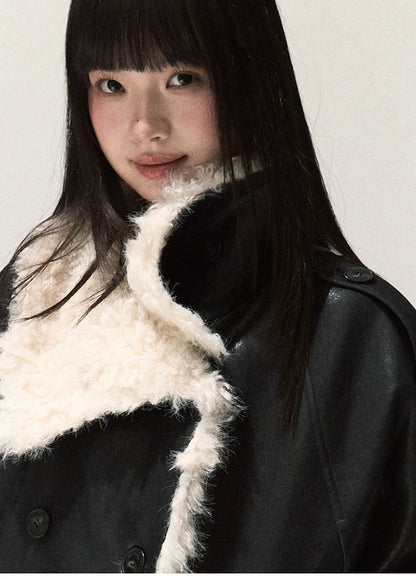 OAKMOO/ Cropped Faux Leather Shearling-Collar Jacket (Rich Black / Hazelnut Khaki)