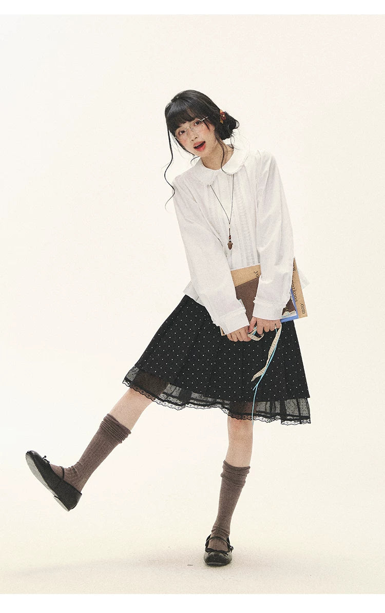 "Polka Reverie" Black Polka Dot Bow Pleated Mini Skirt