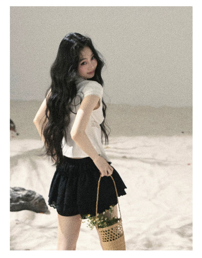 "Lace Between the Lines" Frost White Faux-Layer Cropped Shirt