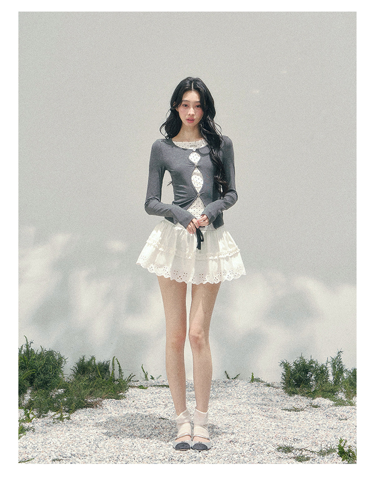 少也眼 "Twilight Pause" Faux Two-Piece Polka Dot T-Shirt in Soft Silver Gray 45234752