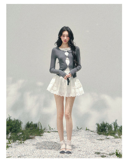 少也眼 "Twilight Pause" Faux Two-Piece Polka Dot T-Shirt in Soft Silver Gray 45234752