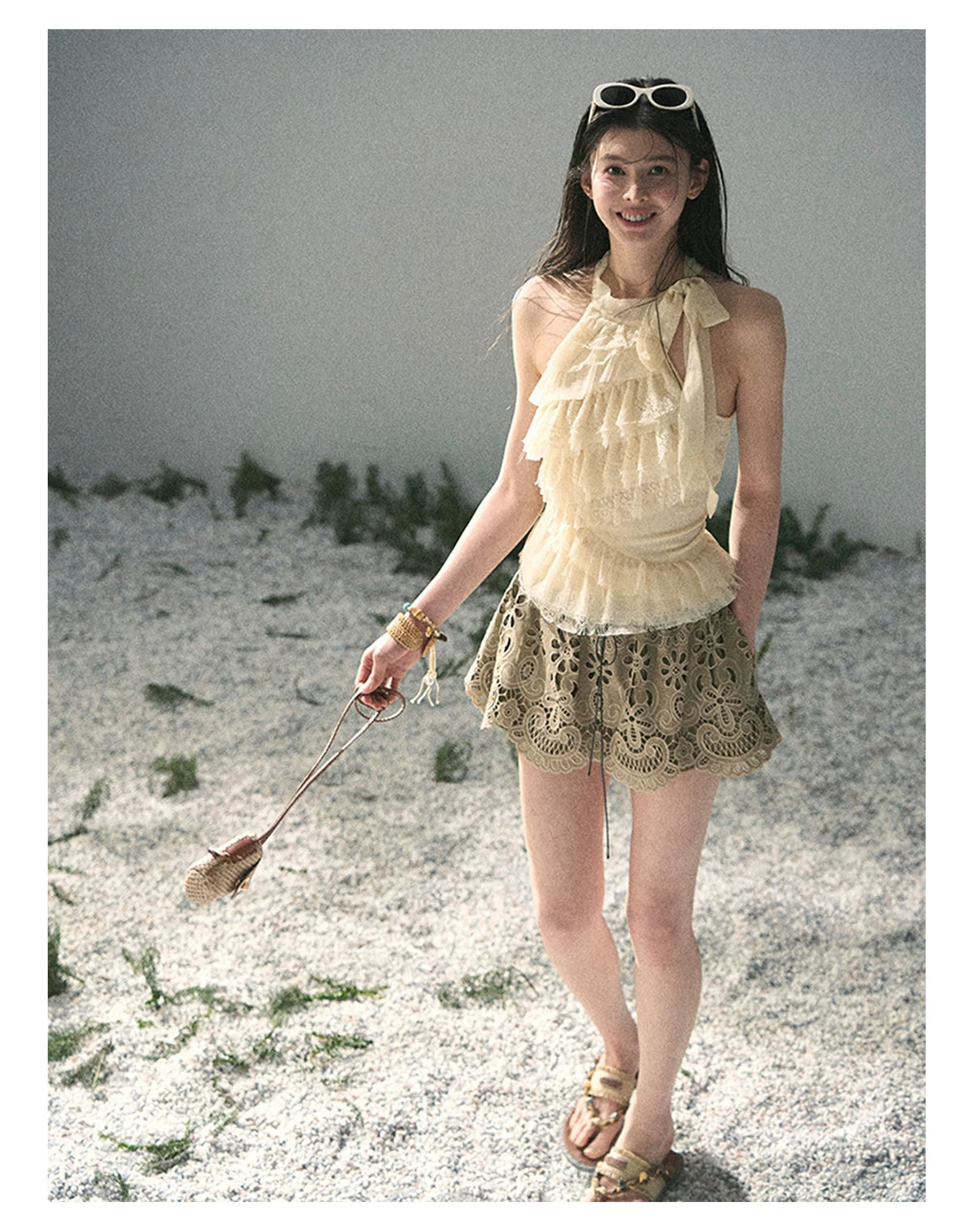 “Spring Traces in Tulle” Pale Butter Lace Halter Top