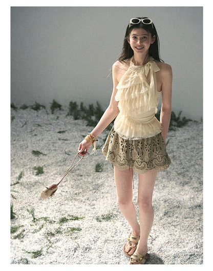 “Spring Traces in Tulle” Pale Butter Lace Halter Top