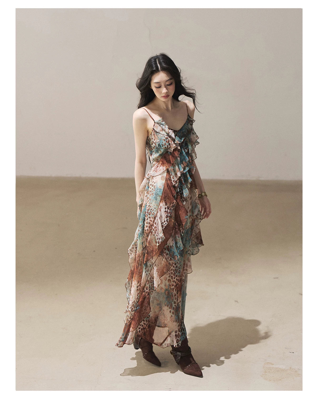 "She Never Looks Back" Peacock Blue Leopard Chiffon Maxi Dress