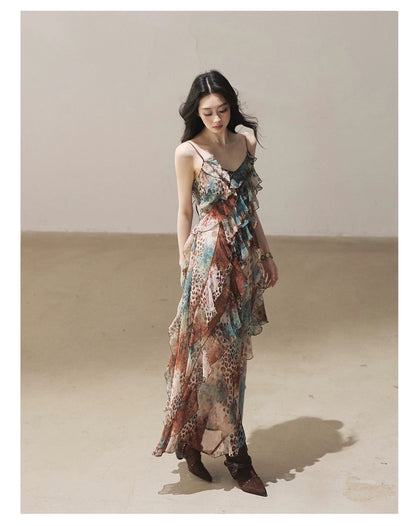 "She Never Looks Back" Peacock Blue Leopard Chiffon Maxi Dress