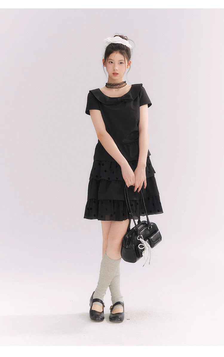 “Midnight Sweetheart” Black Korean-Style Bow Polka Dot Tiered Dress