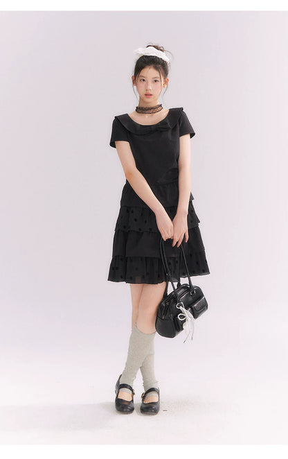 “Midnight Sweetheart” Black Korean-Style Bow Polka Dot Tiered Dress
