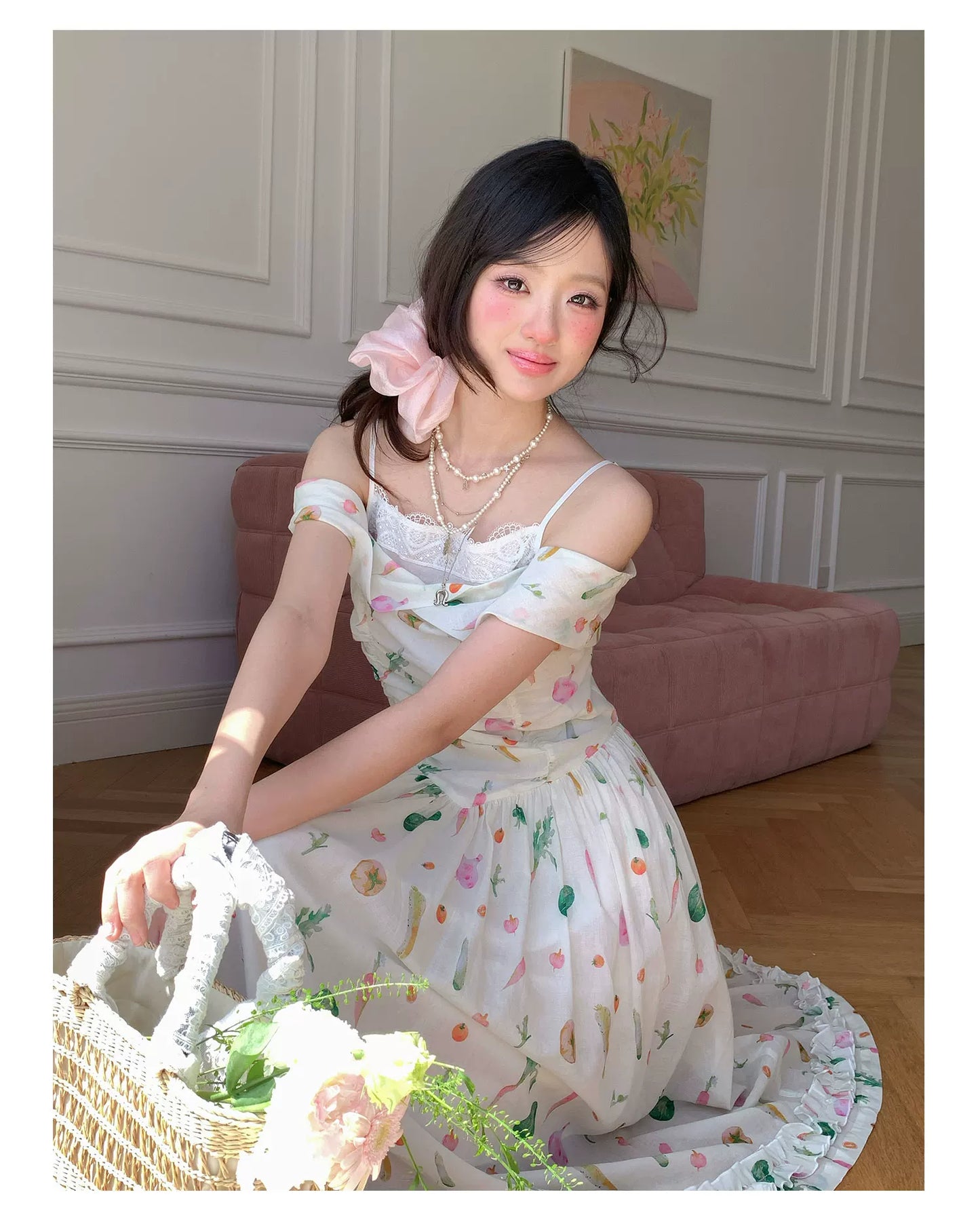 “Verdant Orchard Reverie” Beige Fruit Print Off-Shoulder Dress