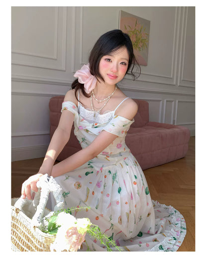 “Verdant Orchard Reverie” Beige Fruit Print Off-Shoulder Dress
