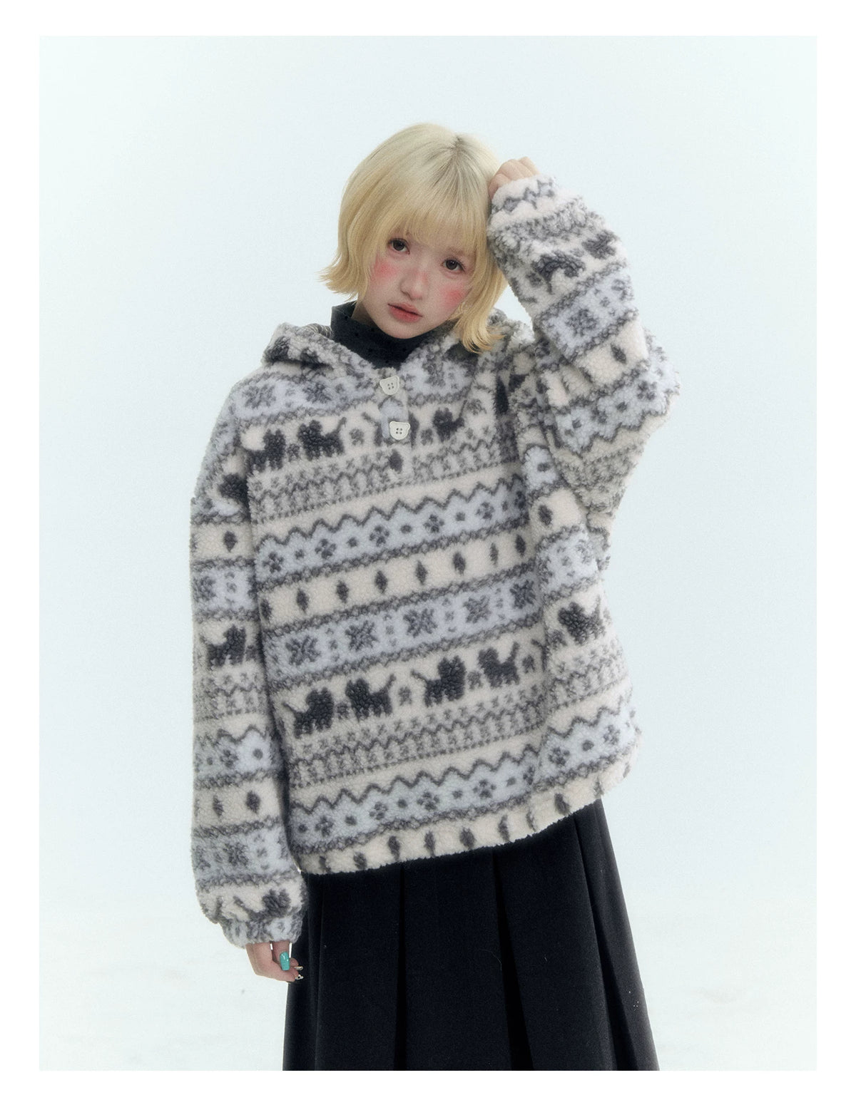 Horridale - Pink Fair Isle Cat Sherpa Fleece Hoodie with Bunny Ears