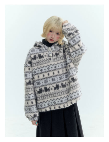 Horridale - Pink Fair Isle Cat Sherpa Fleece Hoodie with Bunny Ears
