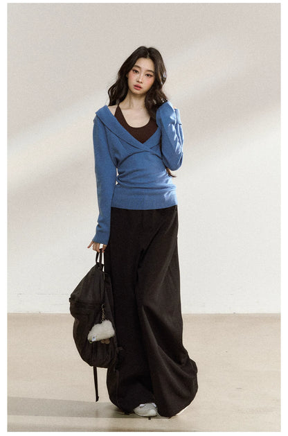JN's DESIGN - Blue Knit Sweater with Brown Cami Set