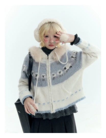 Horridale - Ice Blue White Sheep Jacquard Hooded Knit Cardigan