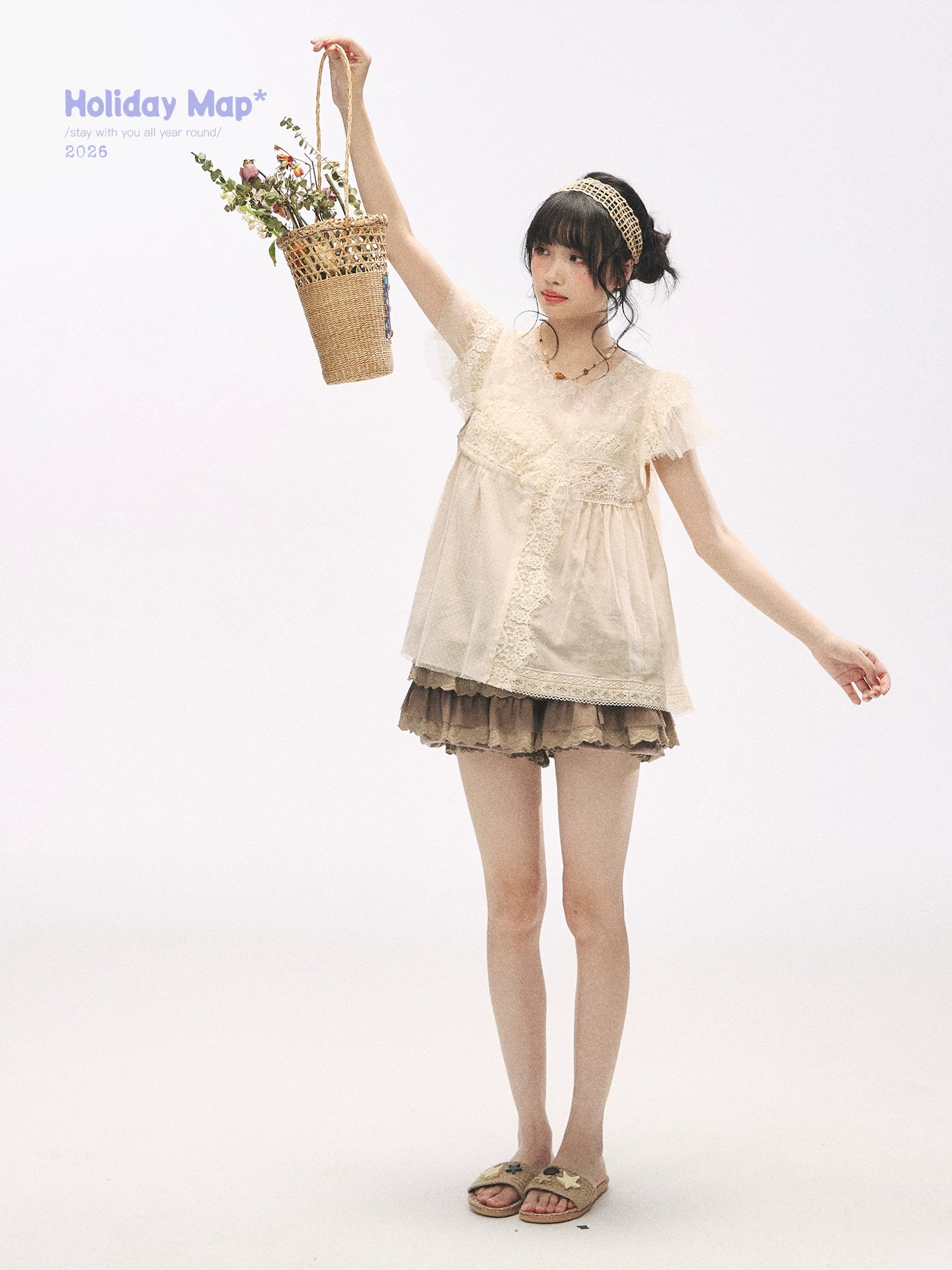 "Apricot Blossom Letter" Oatmeal Lace Patchwork Short Sleeve Blouse