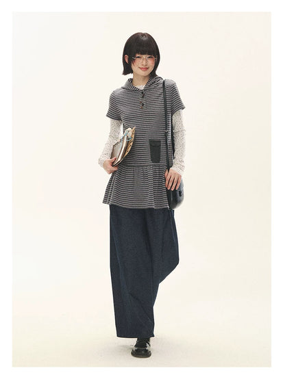 "Seoul Diary" Gray & Pink Stripe Hooded Knit Mini Dress