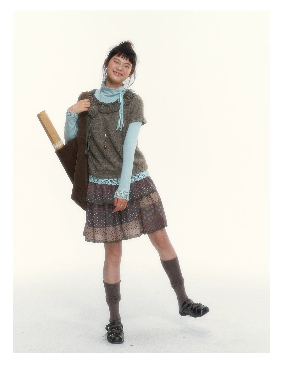 “Mint Milk Pudding” Mint Blue Lace-Trimmed Mock Neck Knit Top