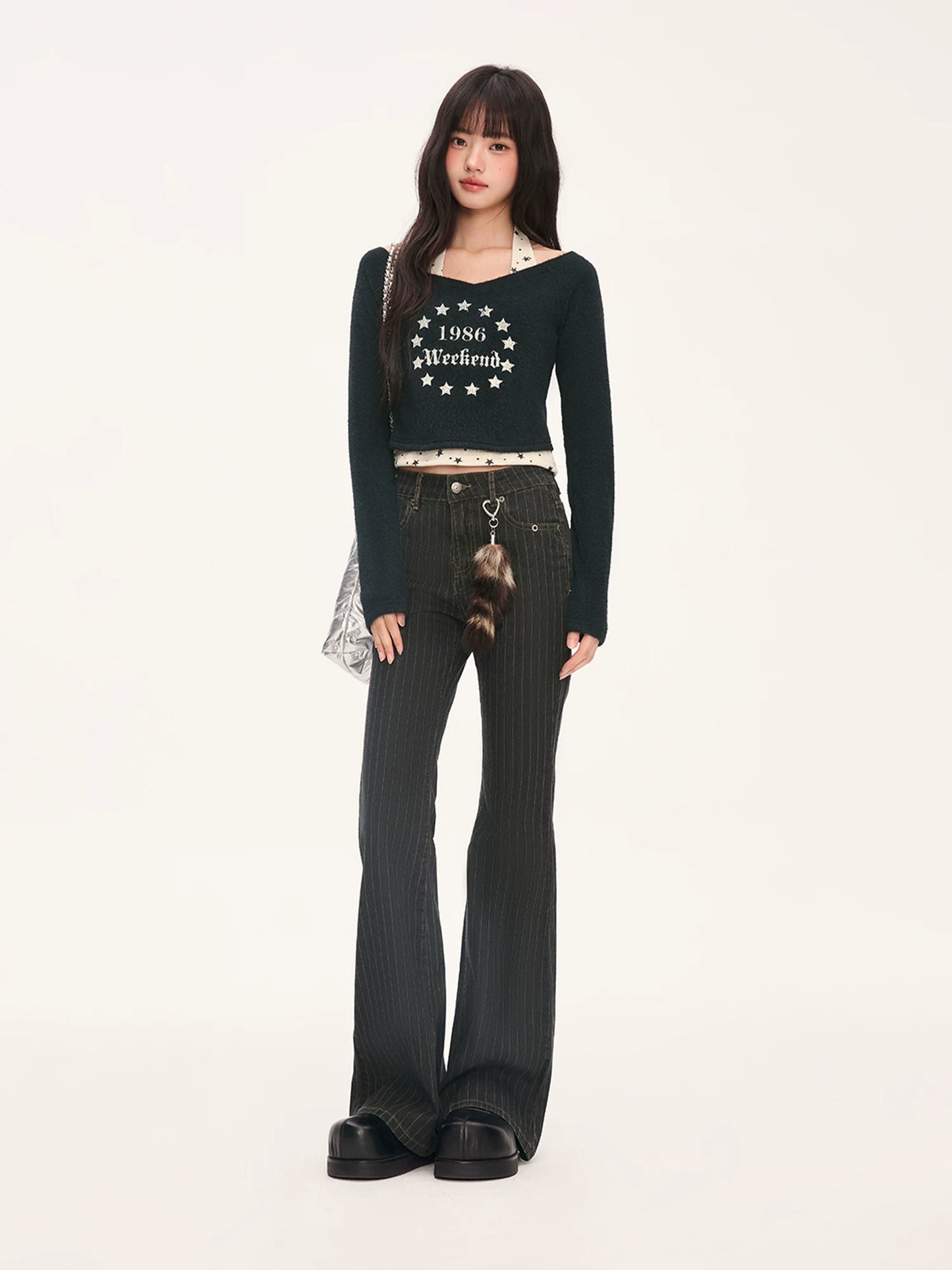 "Midnight Nova" Black Halter Layered Off-Shoulder Long Sleeve Top