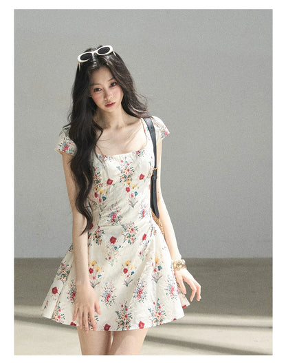 "Bloom Before Dawn" Dutch Cream Embroidered Floral Chiffon Mini Dress