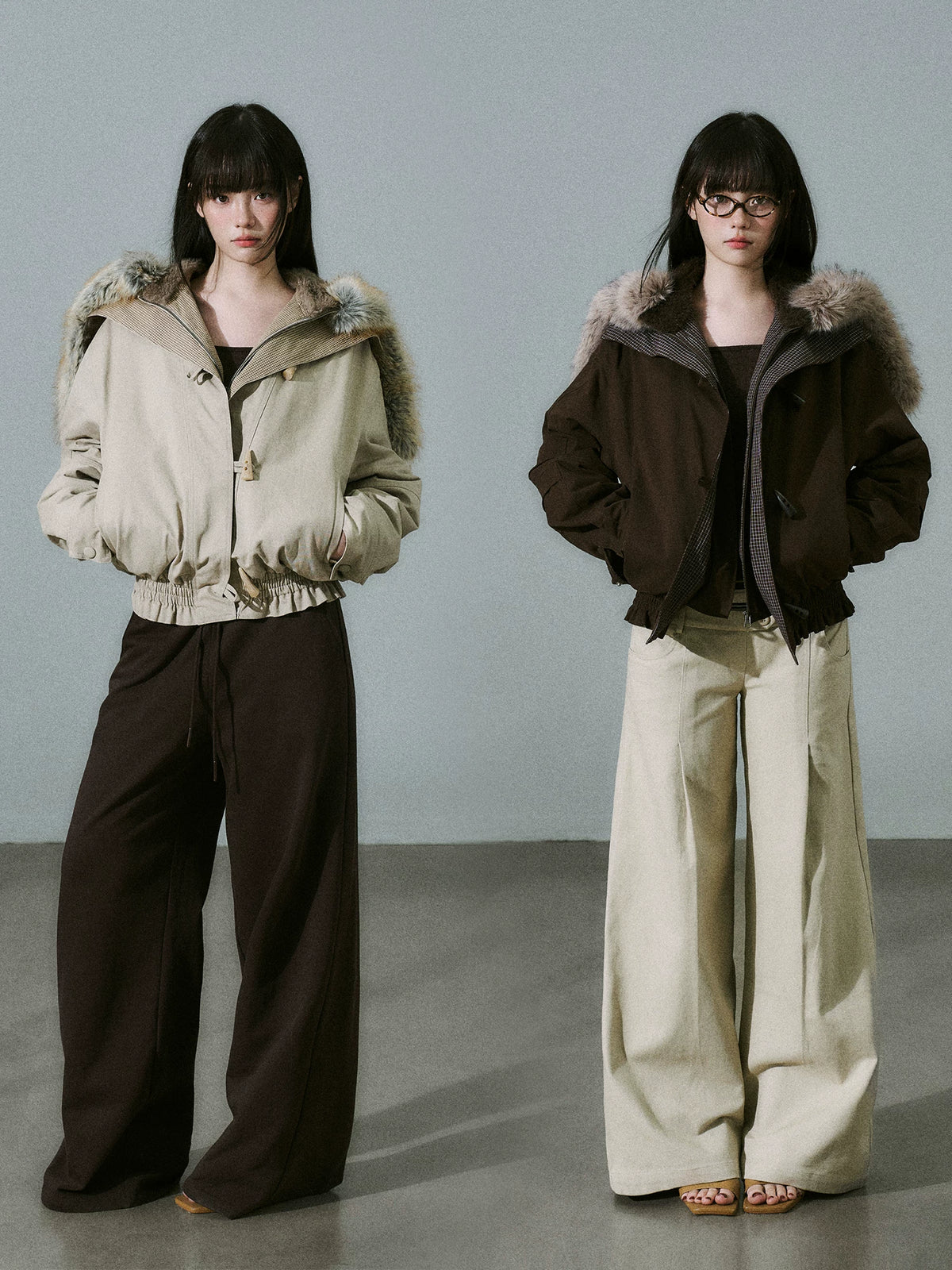 LOST FOREST - Milk Tea Plaid-Panel Cotton Utility Jacket with Detachable Faux-Fur Collar