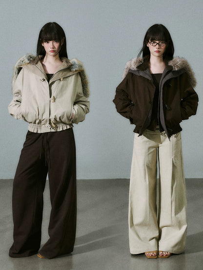 LOST FOREST - Milk Tea Plaid-Panel Cotton Utility Jacket with Detachable Faux-Fur Collar