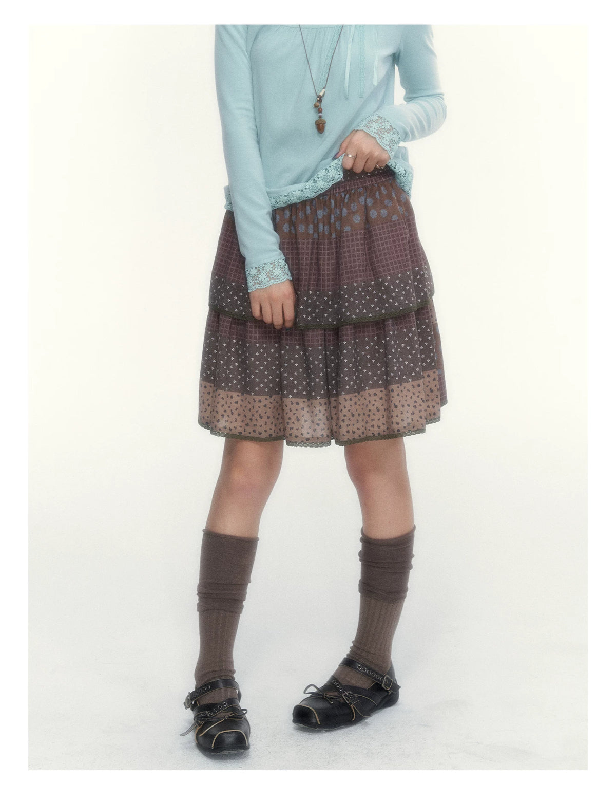 “Caramel Patchwork” Brown Patchwork Floral Plaid Lace A-Line Tiered Skirt