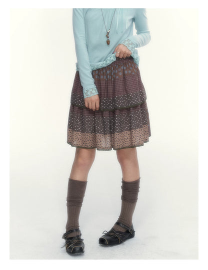 “Caramel Patchwork” Brown Patchwork Floral Plaid Lace A-Line Tiered Skirt