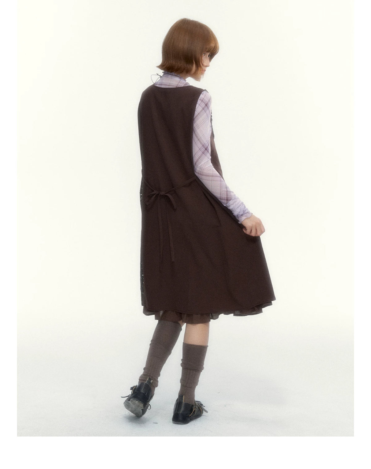 "Caramel Afterglow" Cocoa Brown Lace-Trim A-Line Dress Set with Purple Plaid Layering Top