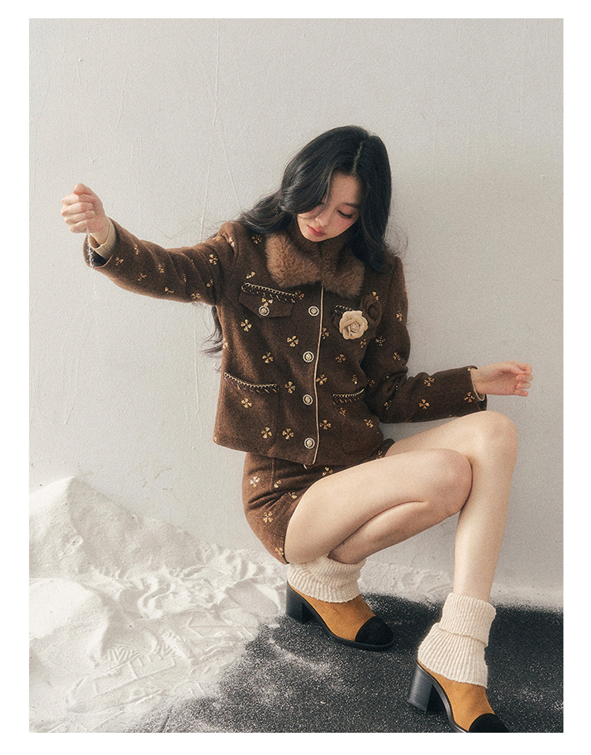 少也眼 "Deep Winter Wutong" Quilted Wool Tweed Two-Piece Set