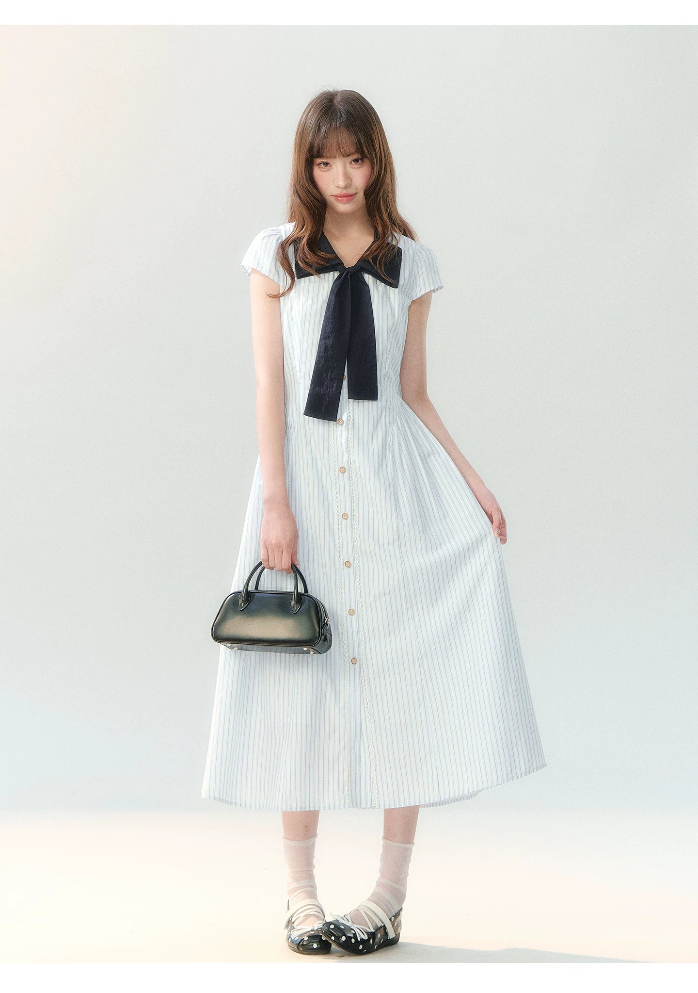 "Academy Breeze Letter" White Stripe Contrast Collar Dress