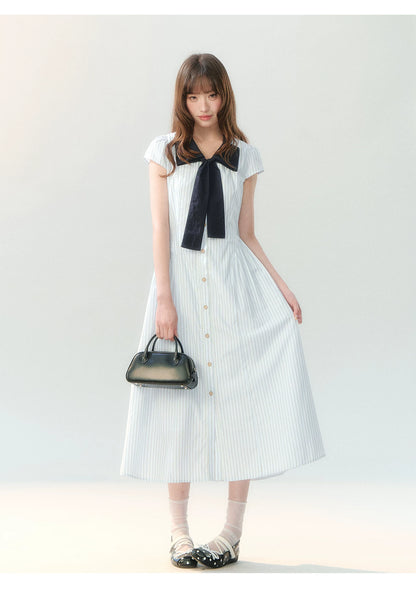 "Academy Breeze Letter" White Stripe Contrast Collar Dress