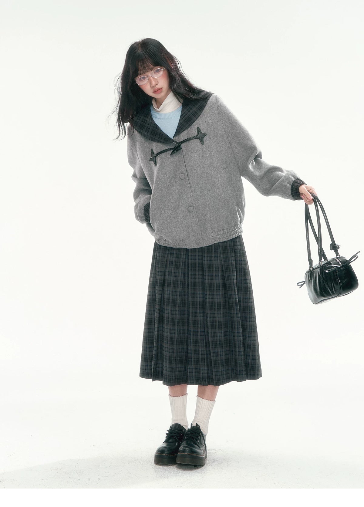 [CAN] Navy Plaid Pleated A-Line Midi Skirt
