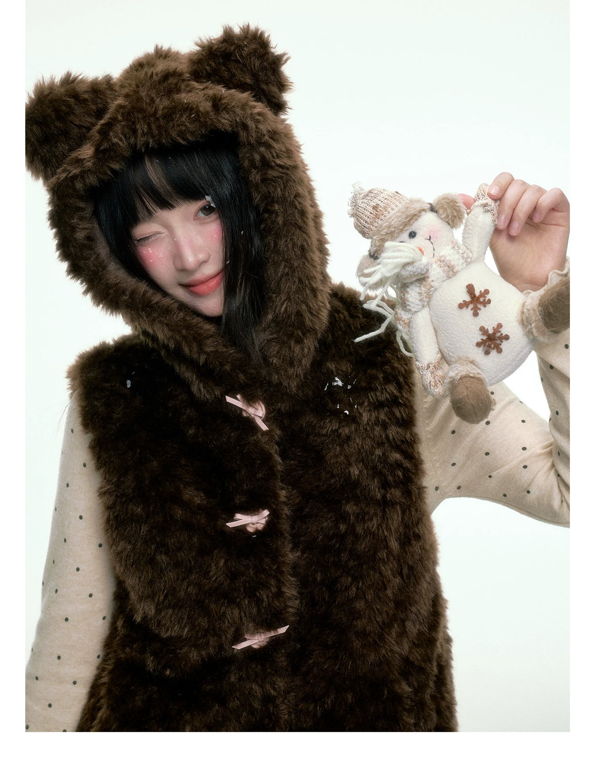 BIBIBENCY - Brown Faux Fur Hooded Vest with Toggle Closures