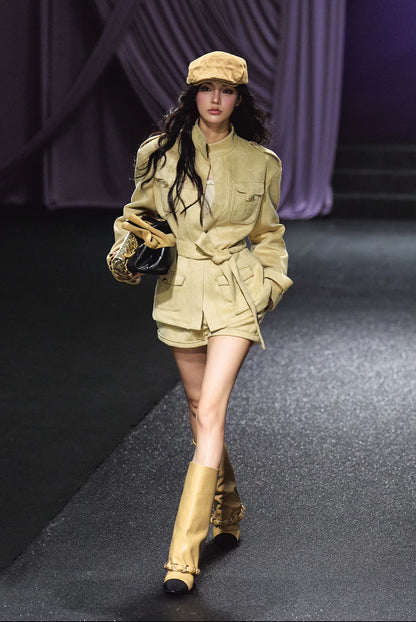 "Golden Dune" Khaki Faux Suede Jacket & Tailored Shorts Set