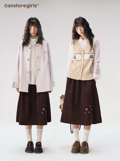 [CAN] “Caramel Glow” Brown Corduroy High-Waist A-Line Skirt