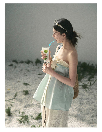 “Blue Whispers on Ivory” Mint Ruffle Bustier Top