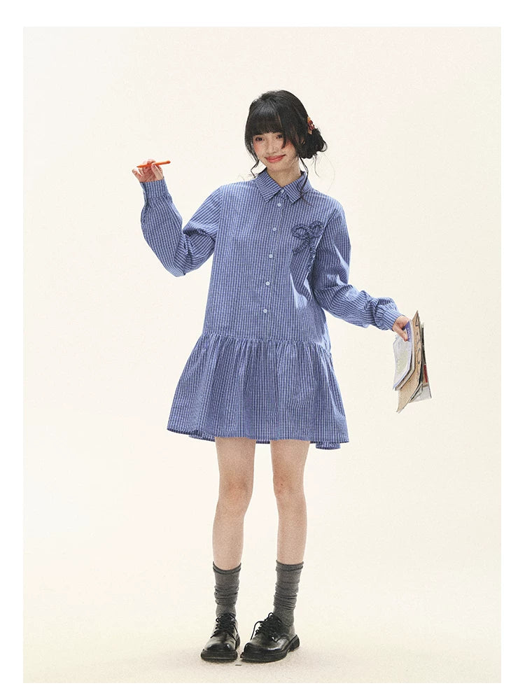 "Holiday Blues" Blue Plaid Bow Shirt Mini Dress