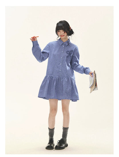 "Holiday Blues" Blue Plaid Bow Shirt Mini Dress