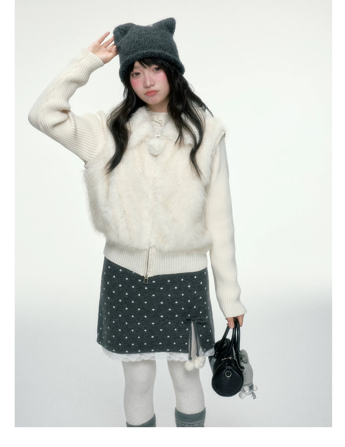 BIBIBENCY - Ivory Faux Fur Vest with Knit Sleeves