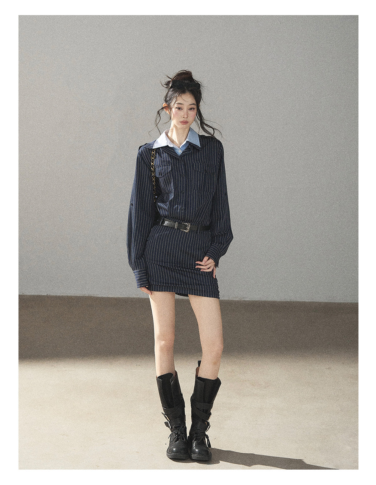 170726 "The Island and the Whale" Deep Slate Gray Layered Stripe Shirt Dress with Belt