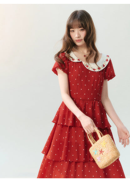 "Strawberry Waltz Letter" Red Tiered Doll Collar Dress LL2026225