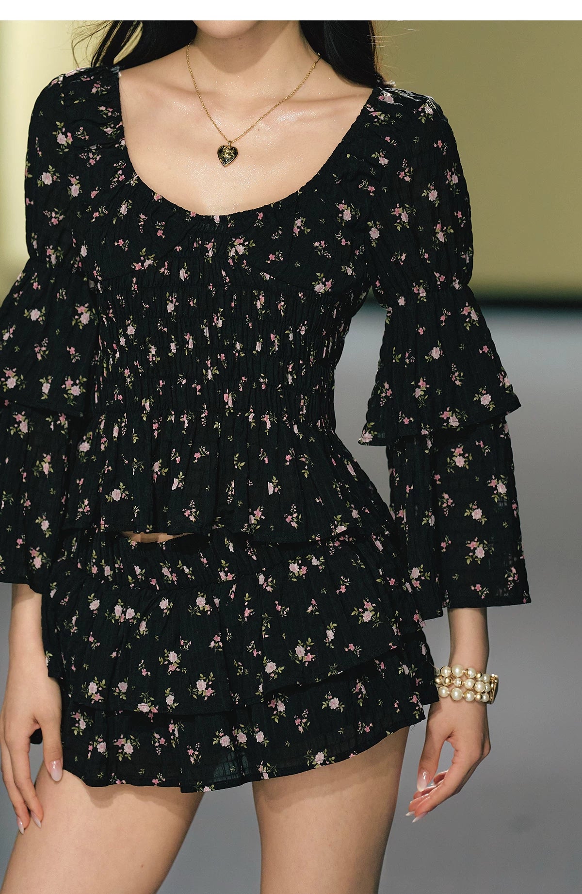 "Midnight Tea Garden" Black Floral Ruffle Blouse & Tiered Mini Skirt Set