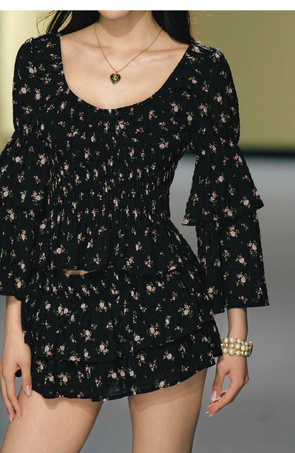 "Midnight Tea Garden" Black Floral Ruffle Blouse & Tiered Mini Skirt Set