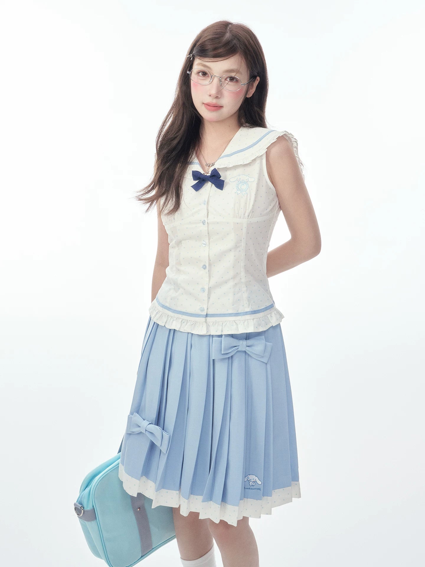 Sleeveless Polka Dot Sailor Collar Shirt & Light Blue Contrast-Trim Skirt