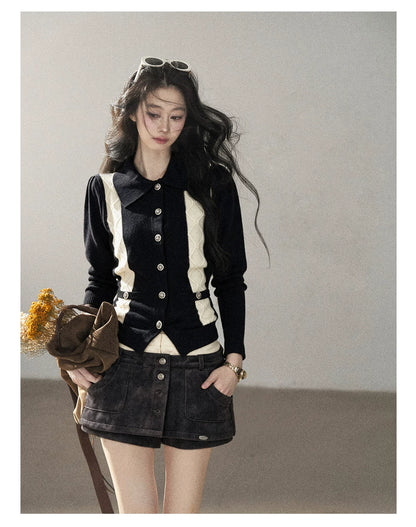AOMALM - "Nocturne of Pine & Cypress" Black & White Contrast Knit Cardigan with Notched Collar